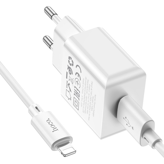 Зарядное устройство HOCO C106A Leisure 1xUSB-A, 2.1A White w/Lightning cable (6931474783899)