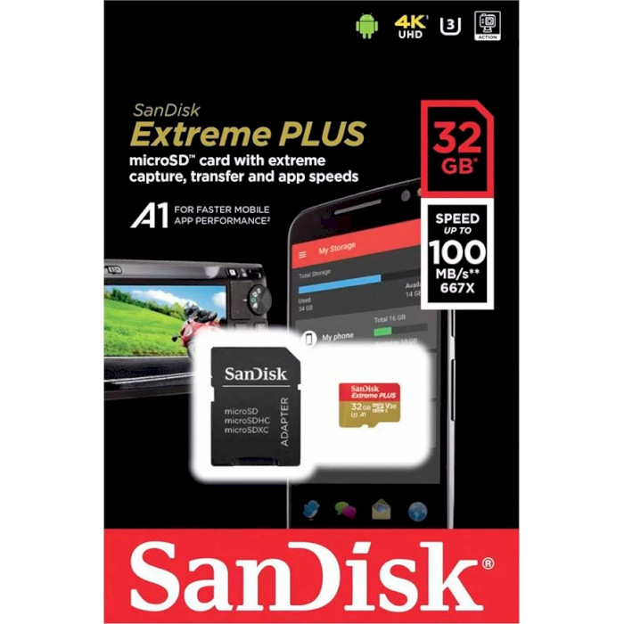 Карта пам'яті SANDISK microSDHC Extreme Plus 32GB UHS-I U3 V30 A1 Class 10 + SD-adapter (SDSQXBG-032G-GN6MA)