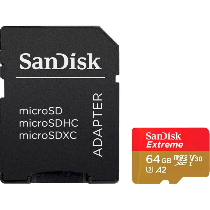 Карта памяти SANDISK microSDXC Extreme 64GB UHS-I U3 V30 A2 Class 10 + SD-adapter (SDSQXAH-064G-GN6AA)