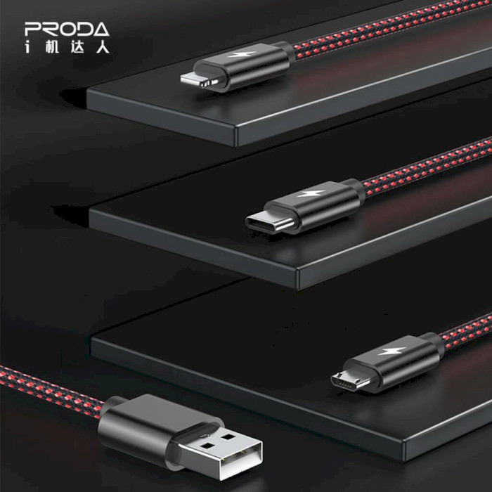 Кабель PRODA PD-B65th USB-A to Lightning/Micro-USB/Type-C 1.2м Red