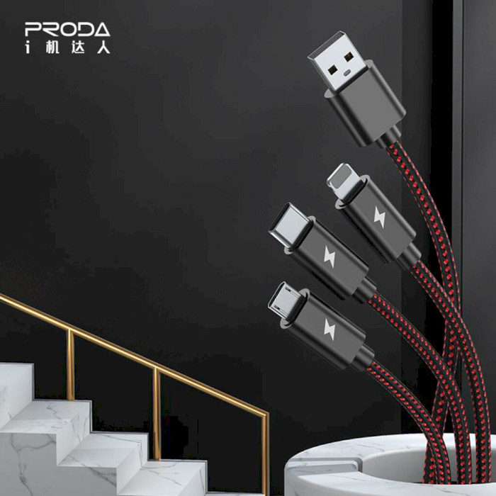 Кабель PRODA PD-B65th USB-A to Lightning/Micro-USB/Type-C 1.2м Red