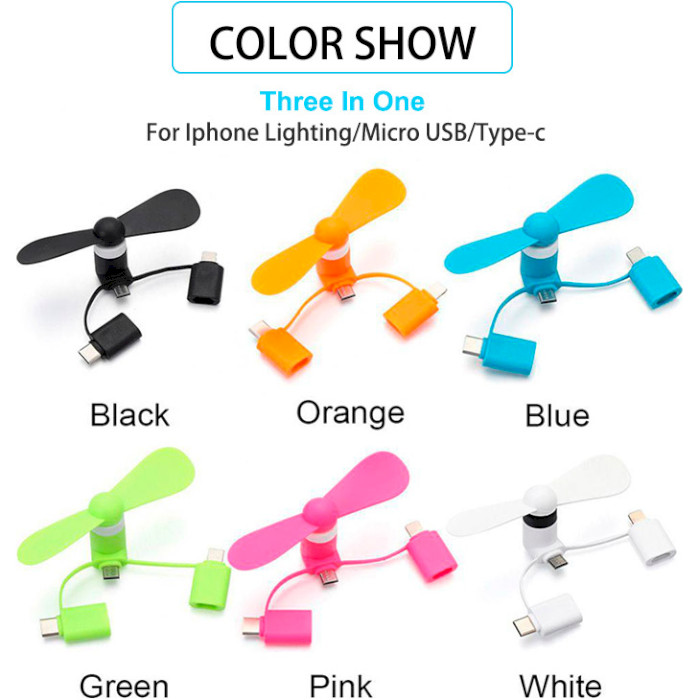 USB вентилятор VOLTRONIC Mobile Phone Fan (Micro+Type-C+Lighting) Mixed Color