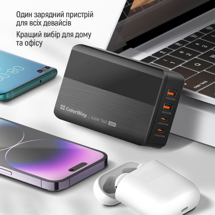 Зарядное устройство COLORWAY Power Delivery GaN 2xUSB-C, 2xUSB-A, 100W Black (CW-CHS041PD-BK)