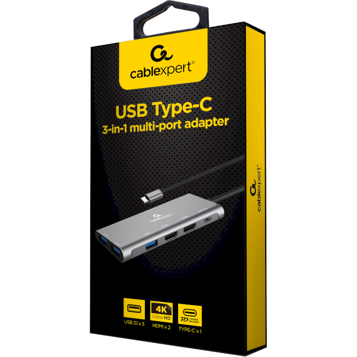 Док-станція для ноутбука CABLEXPERT 3-in-1 USB-C to 2xHDMI/3xUSB 3.0/100W USB-C PD Gray (A-CM-COMBO3-03)