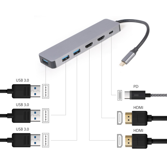 Док-станция для ноутбука CABLEXPERT 3-in-1 USB-C to 2xHDMI/3xUSB 3.0/100W USB-C PD Gray (A-CM-COMBO3-03)