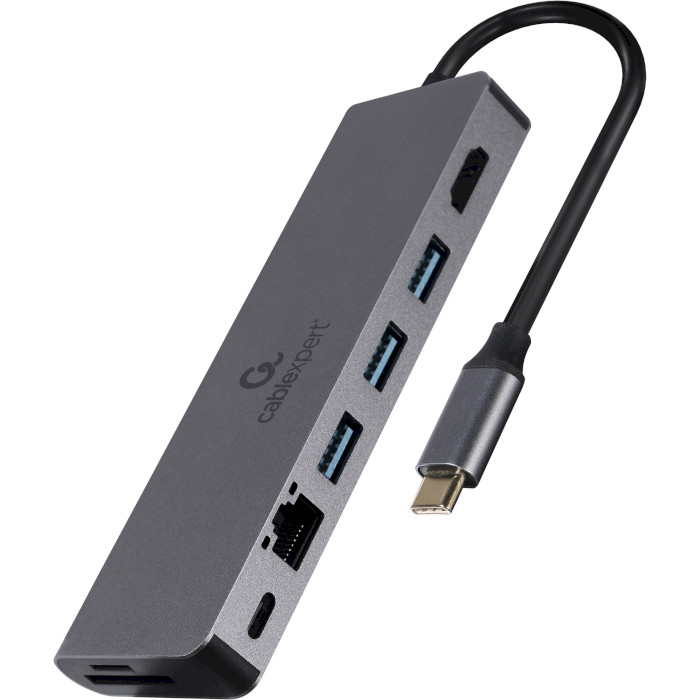 Док-станція для ноутбука CABLEXPERT 5-in-1 USB-C to HDMI/3xUSB 3.0/CR/LAN/100W USB-C PD Gray (A-CM-COMBO5-05)