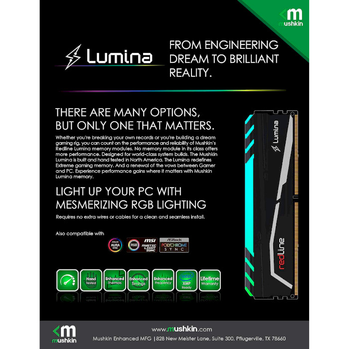 Модуль памяти MUSHKIN Redline Lumina RGB Black DDR4 4000MHz 16GB Kit 2x8GB (MLA4C400JNNM8GX2)