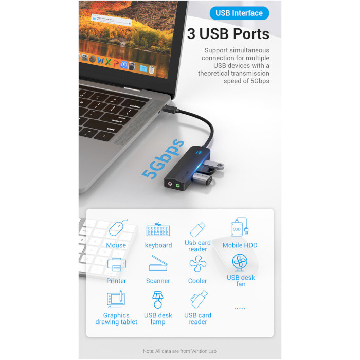 USB-хаб VENTION 6-in-1 USB-C to USB3.0x3/Micro-B Power Hub with External Stereo Sound Adapter (TGQBB)