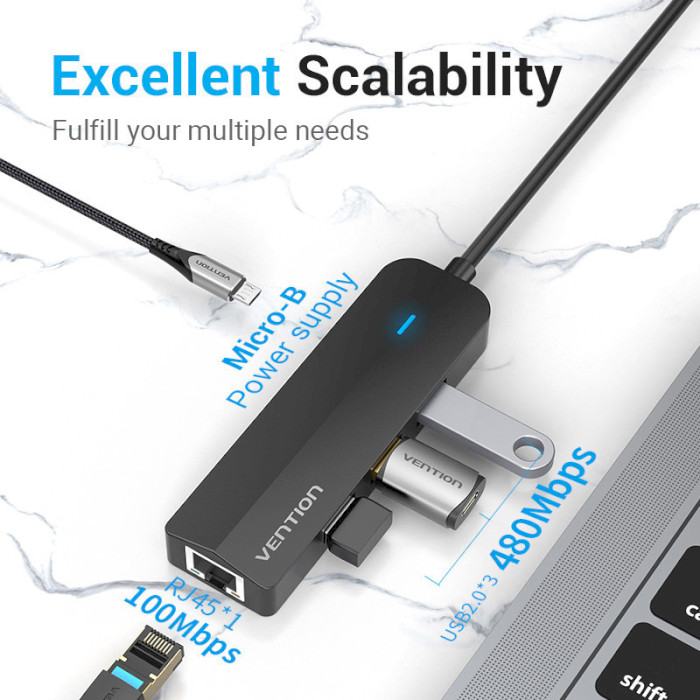 USB-хаб VENTION 5-in-1 USB-C to USB2.0x3/LAN/Micro-B Power (TGOBB)