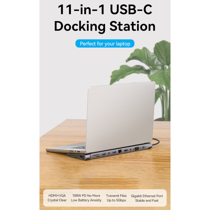 Док-станція для ноутбука VENTION 11-in-1 USB-C to HDMI/VGA/USB-C3.1/USB3.0x2/USB2.0/RJ-45/SD/TF/TRRS/PD (THTHC)