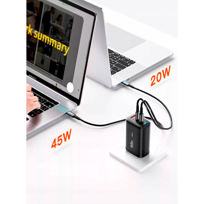 Зарядное устройство ESSAGER Shining 65W 1xUSB-A, 2xUSB-C, PD3.0, QC3.0 GaN Travelling Charger Black (ECT2CA-MYB01)