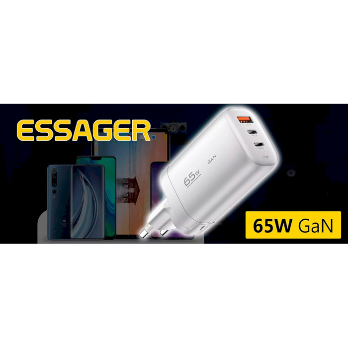 Зарядний пристрій ESSAGER Shining 65W 1xUSB-A, 2xUSB-C, PD3.0, QC3.0 GaN Travelling Charger White (ECT2CA-MYB02)