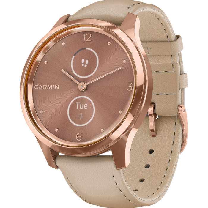 Смарт-годинник GARMIN Vivomove Luxe 18K Rose Gold PVD Stainless Steel Case with Light Sand Italian Leather Band (010-02241-21)