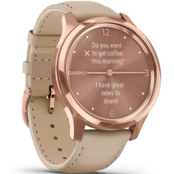 Смарт-годинник GARMIN Vivomove Luxe 18K Rose Gold PVD Stainless Steel Case with Light Sand Italian Leather Band (010-02241-21)