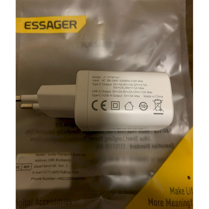 Зарядний пристрій ESSAGER Journey 30W 1xUSB-A, 1xUSB-C, PD3.0, QC3.0 Fast Charger White (ECTPQS-ZTB02)