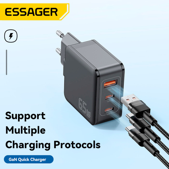 Зарядний пристрій ESSAGER Matrix 65W 1xUSB-A, 2xUSB-C, PD3.0, QC4.0 GaN Travel Charger Black (ECT2CA-JZB01-Z)