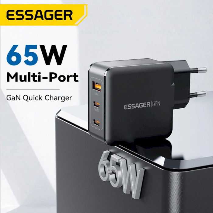 Зарядний пристрій ESSAGER Matrix 65W 1xUSB-A, 2xUSB-C, PD3.0, QC4.0 GaN Travel Charger Black (ECT2CA-JZB01-Z)