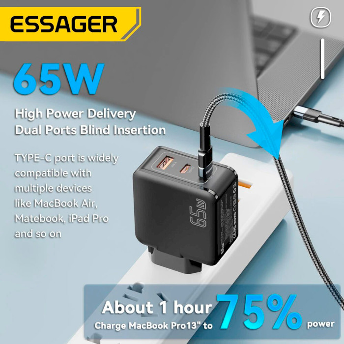 Зарядний пристрій ESSAGER Matrix 65W 1xUSB-A, 2xUSB-C, PD3.0, QC4.0 GaN Travel Charger Black (ECT2CA-JZB01-Z)