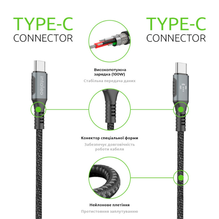 Кабель INTALEO CBGPD100WTT2 Type-C to Type-C 2м Gray (1283126559570)