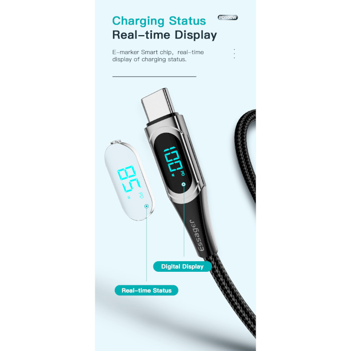 Кабель ESSAGER LED Digital Display Fast Charging Data Cable PD100W Type-C to Type-C 1м Black (ES-XCTT1-YD01)