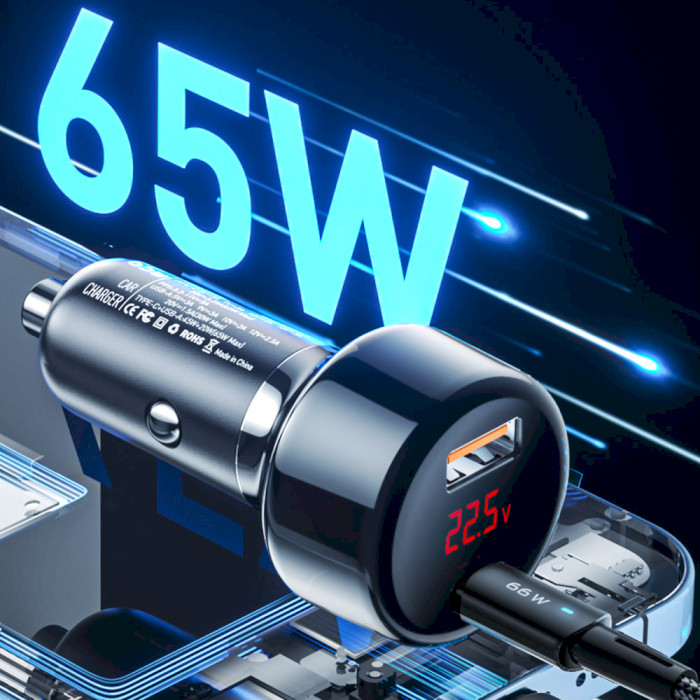 Автомобильное зарядное устройство ESSAGER Torch Digital Display USB-A/USB-C 65W Car Charger Blue (ECCPD-HJ03)