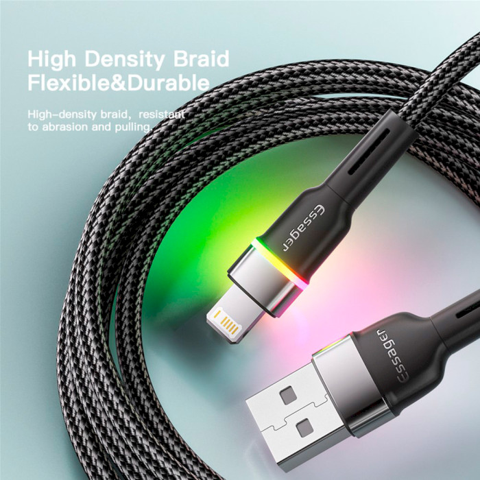 Кабель ESSAGER Colorful LED Fast Charging Cable 2.4A USB-A to Lightning 2м Black (EXCL-XCDA01)