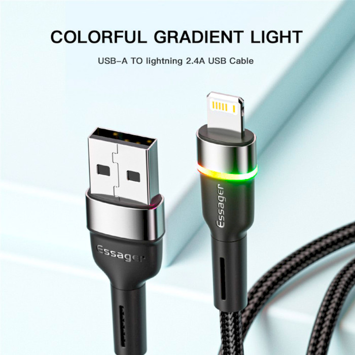 Кабель ESSAGER Colorful LED Fast Charging Cable 2.4A USB-A to Lightning 2м Black (EXCL-XCDA01)