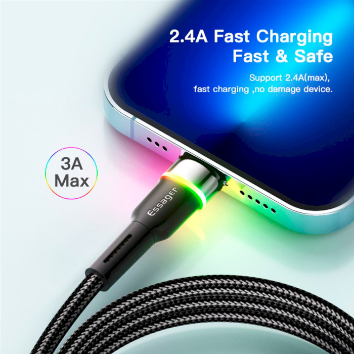 Кабель ESSAGER Colorful LED Fast Charging Cable 2.4A USB-A to Lightning 2м Black (EXCL-XCDA01)