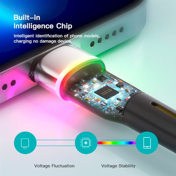 Кабель ESSAGER Colorful LED Fast Charging Cable 2.4A USB-A to Lightning 2м Black (EXCL-XCDA01)