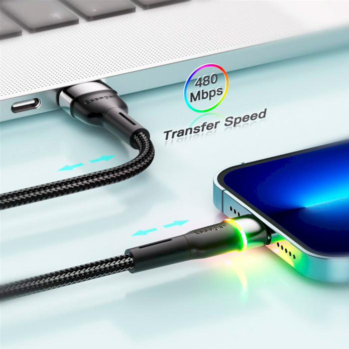 Кабель ESSAGER Colorful LED Fast Charging Cable 2.4A USB-A to Lightning 2м Blue (EXCL-XCDA03)