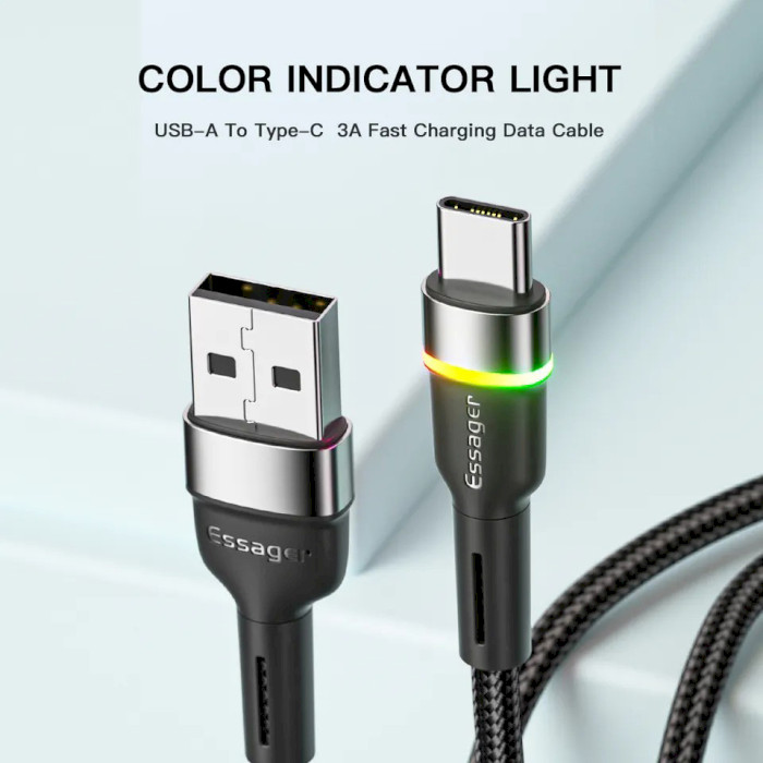 Кабель ESSAGER Colorful LED Fast Charging Cable 3A USB-A to Type-C 2м Black (EXCT-XCDA01)