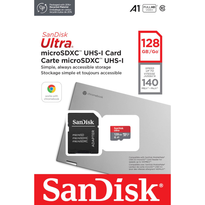 Карта памяти SANDISK microSDXC Ultra 128GB UHS-I A1 Class 10 + SD-adapter (SDSQUAB-128G-GN6MA)