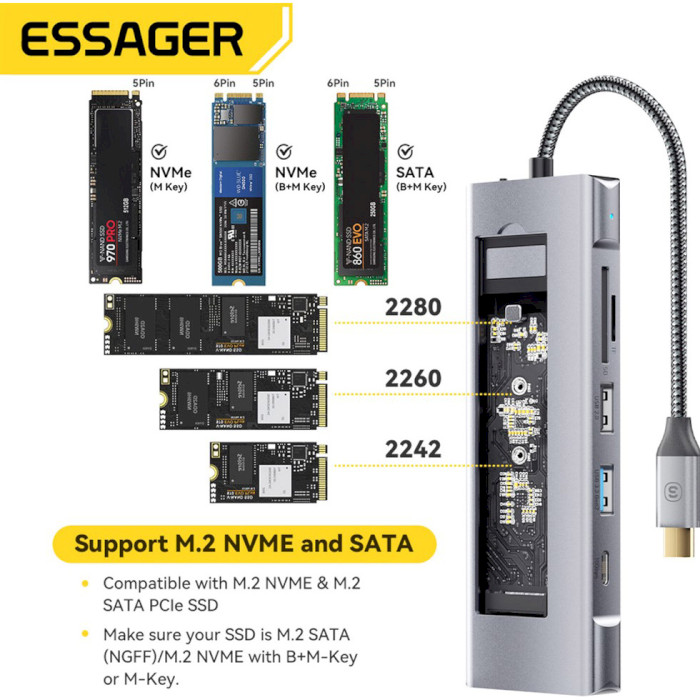 Порт-репликатор ESSAGER 8-in-1 USB-C Hub with 10Gbps M.2 NVMe SSD Enclosure (EHB08-QK0G-Z)