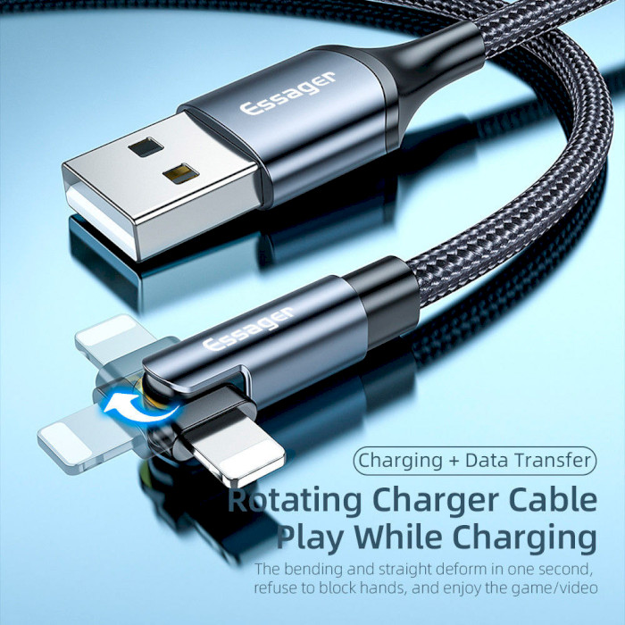 Кабель ESSAGER Universal 180° Rotate Charging Cable 2.4A USB to Lightning 1м Black (EXCL-WX01)