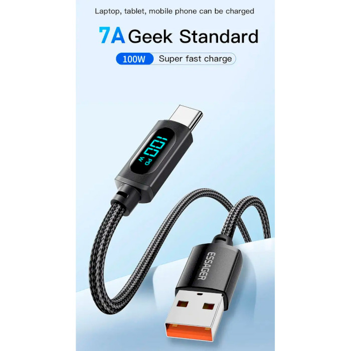 Кабель ESSAGER Enjoy LED Digital Display 7A Charging Cable USB-A to Type-C 1м Black (EXCT-XY01-P)