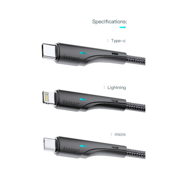 Кабель ESSAGER Rousseau Fast Charging Cable 2.4A USB-A to Lightning 0.25м Black (EXCL-LSB01)