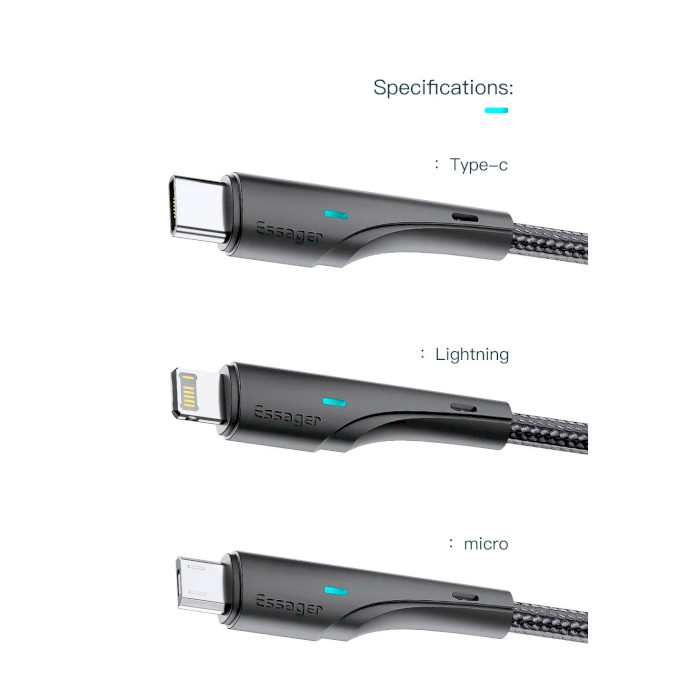 Кабель ESSAGER Rousseau Fast Charging Cable 2.4A USB-A to Lightning 2м Black (EXCL-LSA01)