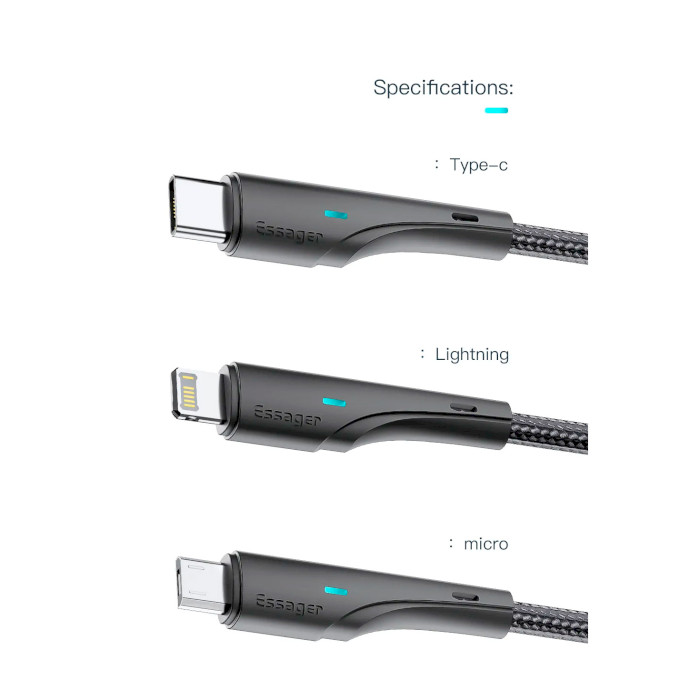 Кабель ESSAGER Rousseau Fast Charging Cable 2.4A USB-A to Micro-USB 3м Black (EXCM-LSC01)