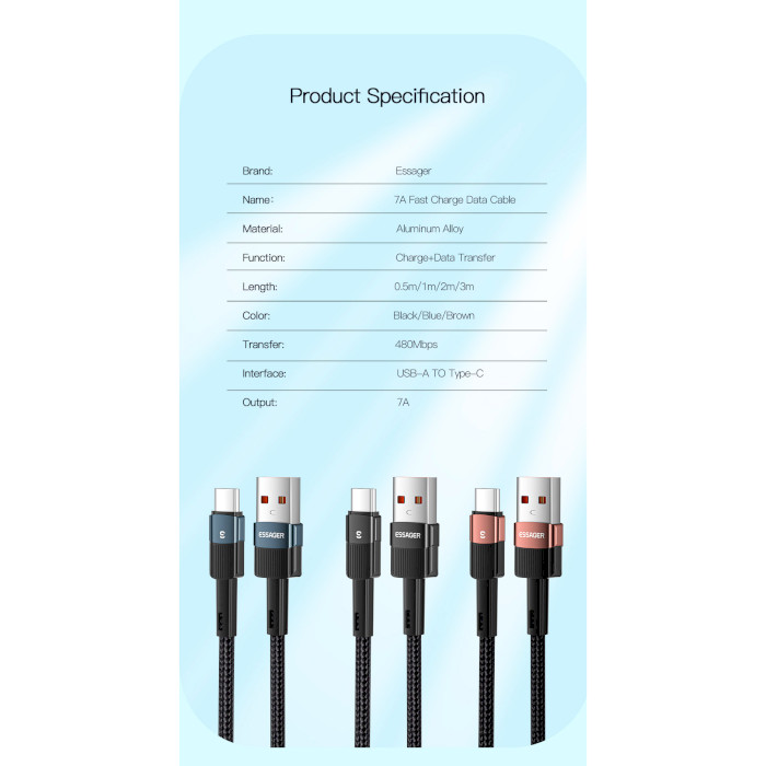 Кабель ESSAGER Star Fast Charging Data Cable 7A USB-A to Type-C 1м Blue (EXCT-XC03)