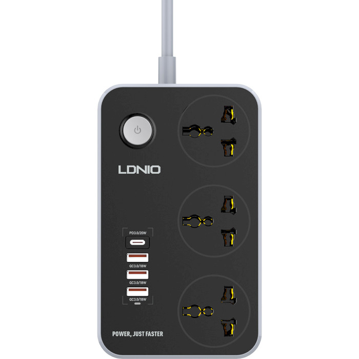 Мережевий фільтр LDNIO SC3412 Black, 3 розетки, 1xUSB-C, 3xUSB, 2м