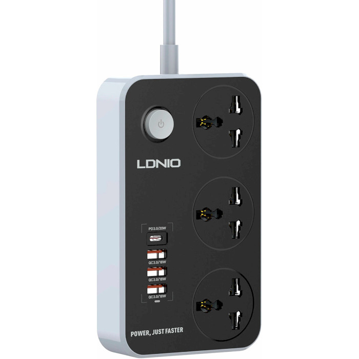 Мережевий фільтр LDNIO SC3412 Black, 3 розетки, 1xUSB-C, 3xUSB, 2м