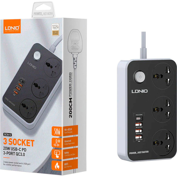 Сетевой фильтр LDNIO SC3412 Black, 3 розетки, 1xUSB-C, 3xUSB, 2м