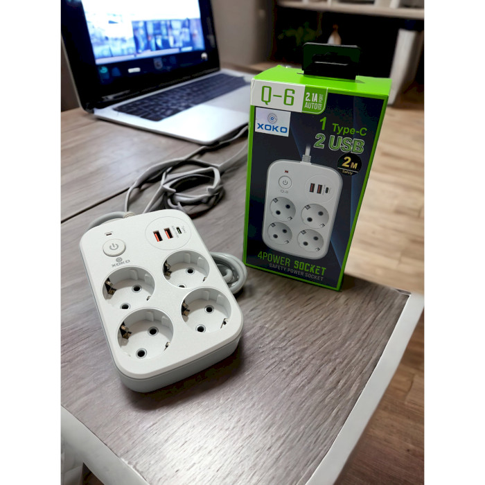 Мережевий фільтр XOKO XK-SP-4-2-1 White, 4 розетки, 1xUSB-C, 2xUSB, 2м