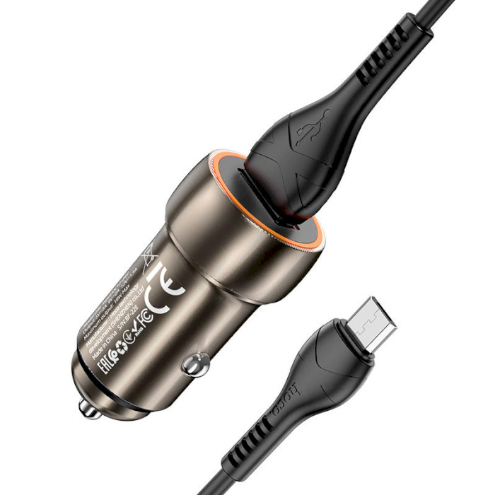 Автомобильное зарядное устройство HOCO Z46 1xUSB-A, QC3.0 Metal Gray w/Micro-USB cable (6931474770295)