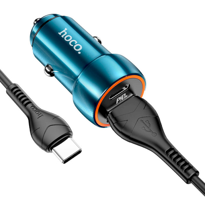 Автомобильное зарядное устройство HOCO Z46A Blue whale 1xUSB-A, 1xUSB-C, PD20W, QC3.0 Sapphire Blue w/Type-C cable (6931474770387)