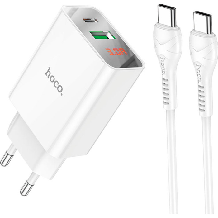 Зарядное устройство HOCO C100A 1xUSB-A, 1xUSB-C, PD20W, QC3.0 White w/Type-C to Type-C cable (6931474769824)