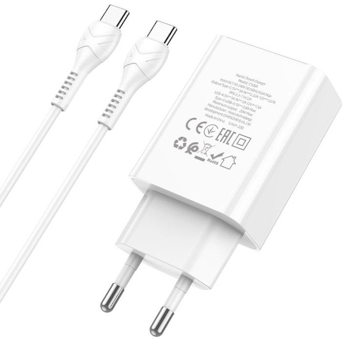 Зарядное устройство HOCO C100A 1xUSB-A, 1xUSB-C, PD20W, QC3.0 White w/Type-C to Type-C cable (6931474769824)