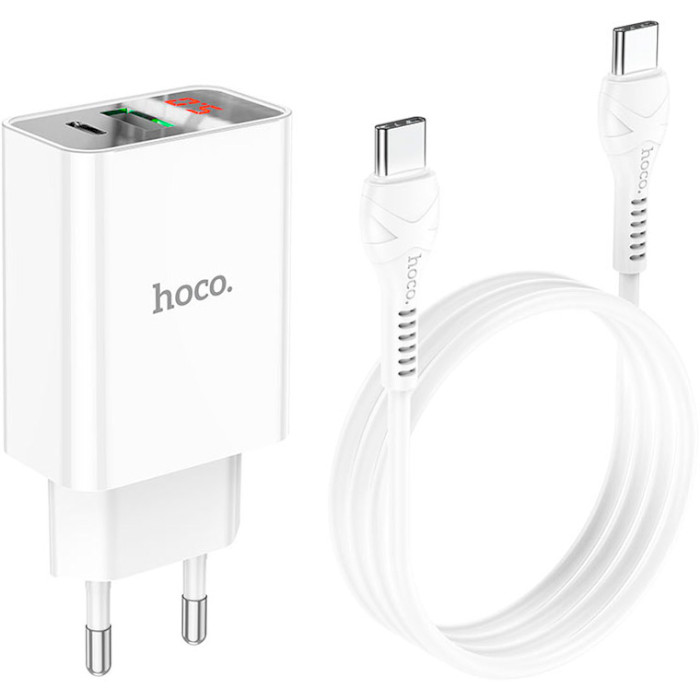 Зарядний пристрій HOCO C100A 1xUSB-A, 1xUSB-C, PD20W, QC3.0 White w/Type-C to Type-C cable (6931474769824)