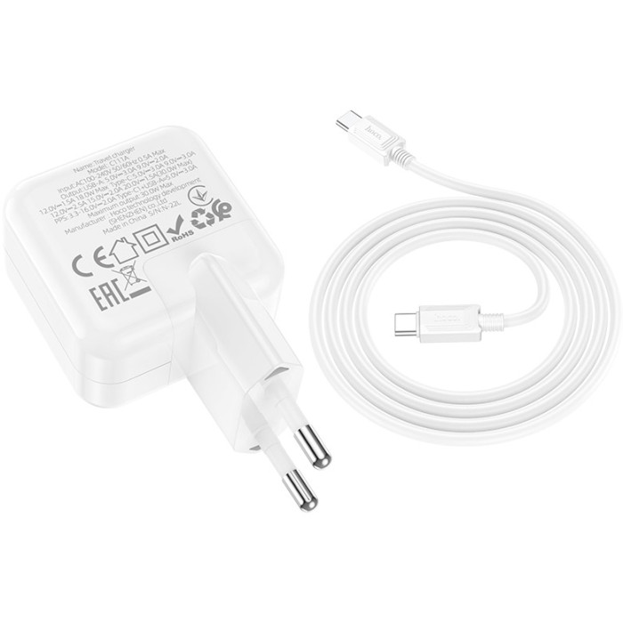 Зарядний пристрій HOCO C111A Lucky 1xUSB-A, 1xUSB-C, PD30W, QC3.0 White w/Type-C to Type-C cable (6931474790880)