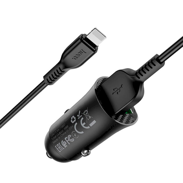 Автомобильное зарядное устройство HOCO Z39 Farsighted 2xUSB-A, QC3.0 Black w/Lightning cable (6931474735041)